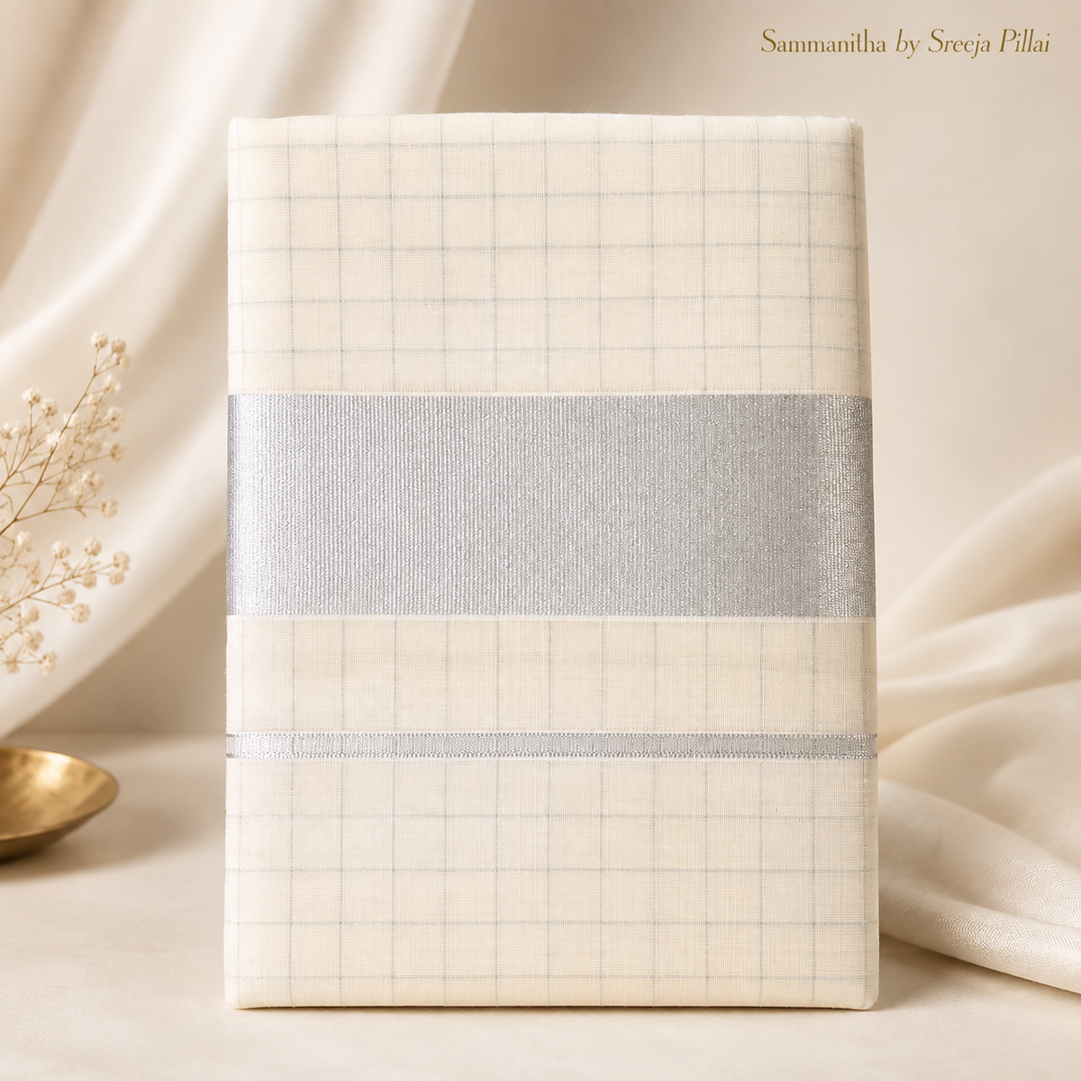 Kerala Cotton Saree with Silver Check Weave SKS01