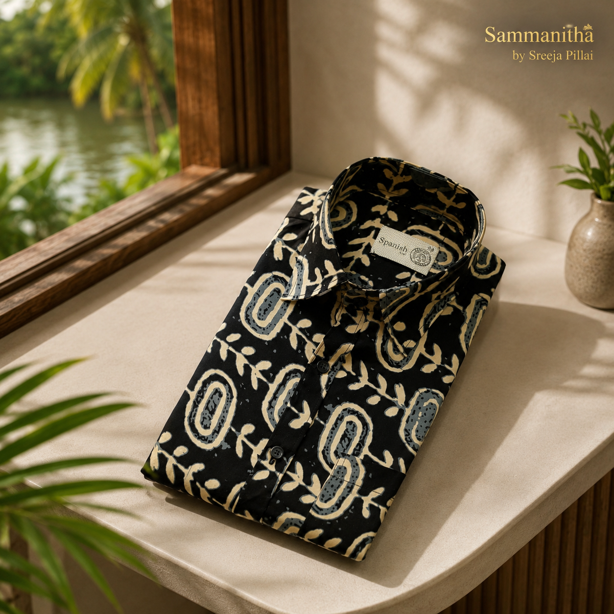 Black Botanical Block Print Cotton Shirt
