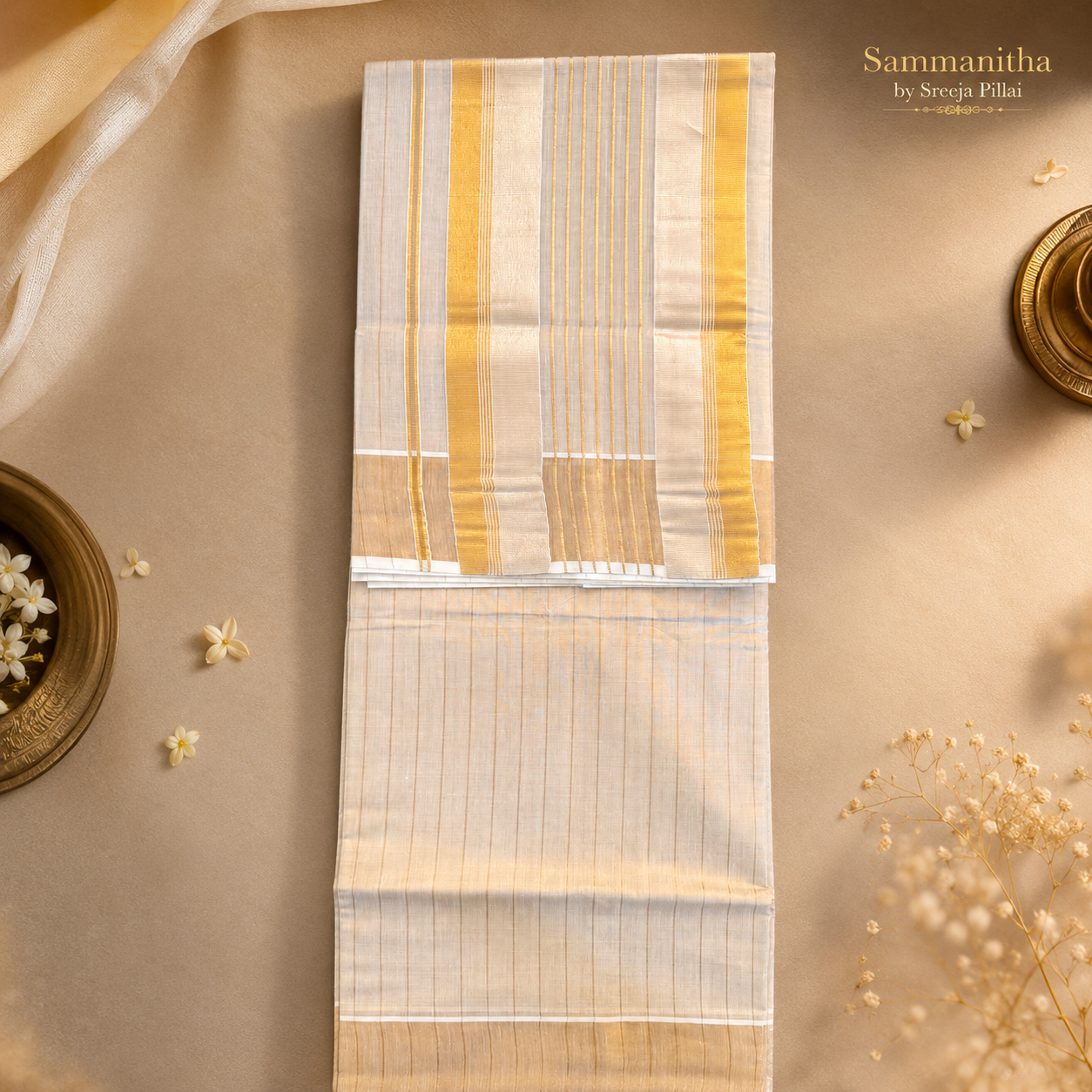 Ivory Kerala Kasavu Saree with Fine Gold &amp; Silver Vertical Stripes SKS16