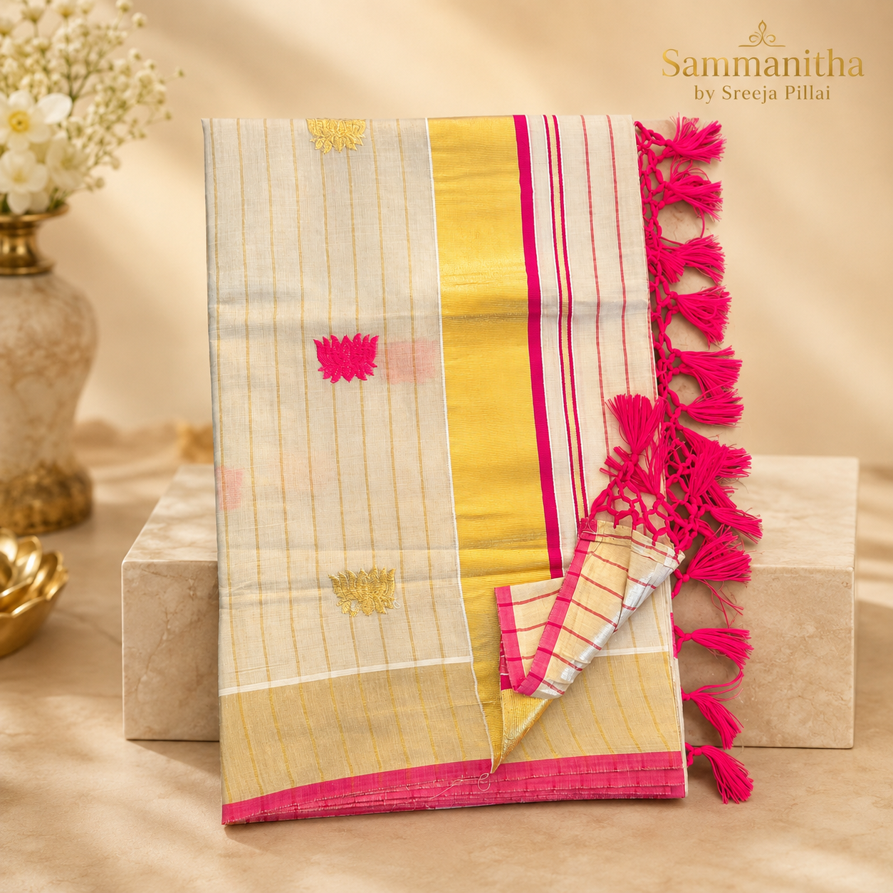 Kerala tissue saree with Pink and golden Lotus Motifs SKS18