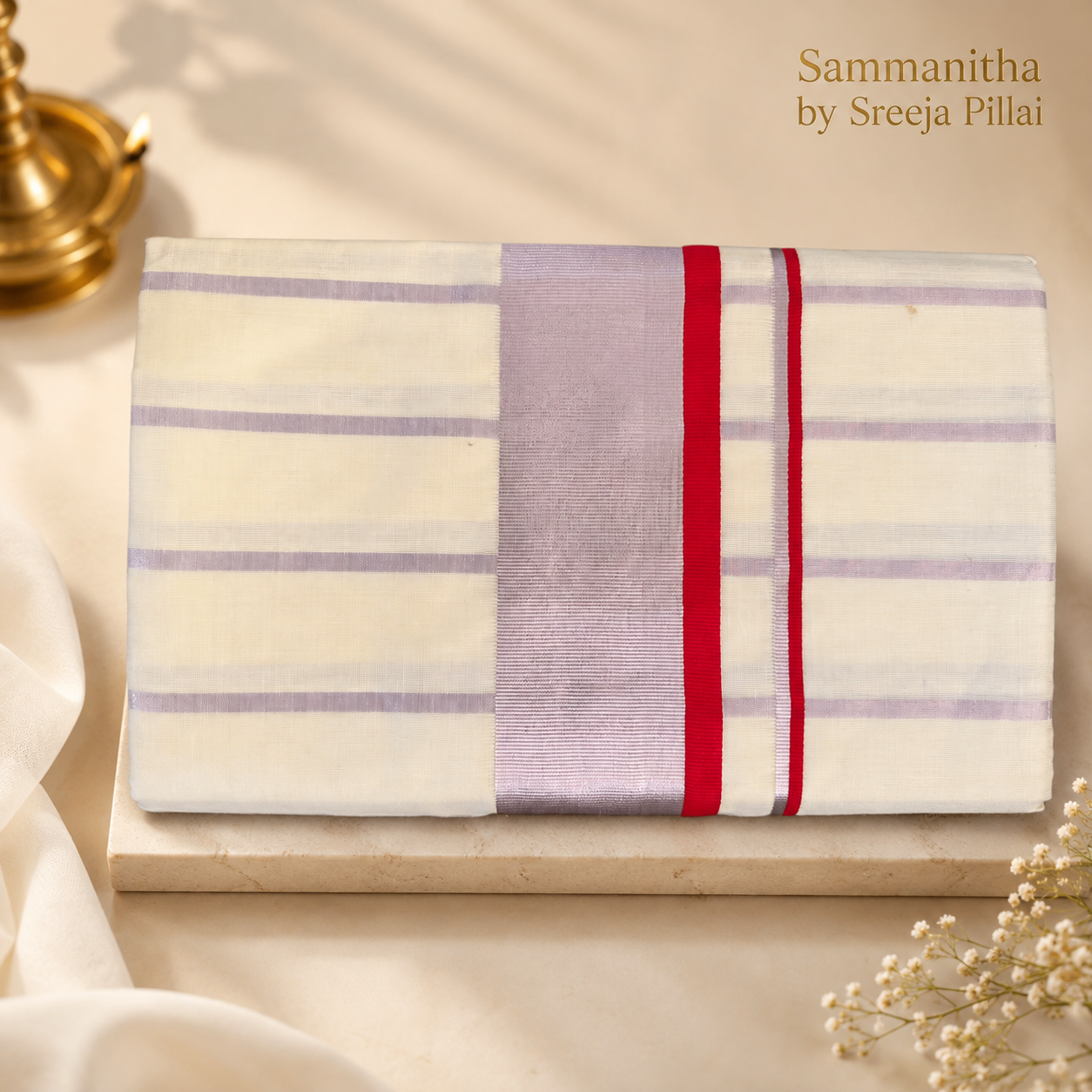 Kerala Saree with Red Stripes and Rose Gold Kasavu Border SKS19