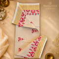Ivory Kerala Kasavu Tissue Saree with Bold Red Tribal Temple Print SKS20