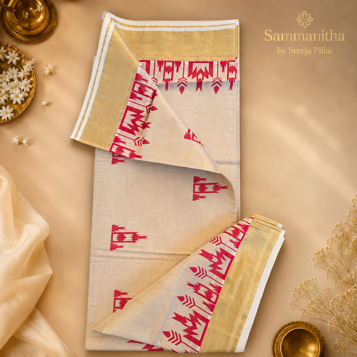 Ivory Kerala Kasavu Tissue Saree with Bold Red Tribal Temple Print SKS20