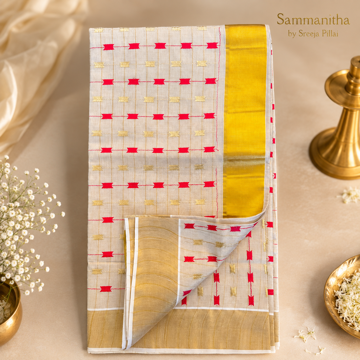 Ivory Kerala Embroidered Tissue Kasavu Saree with Red &amp SKS21