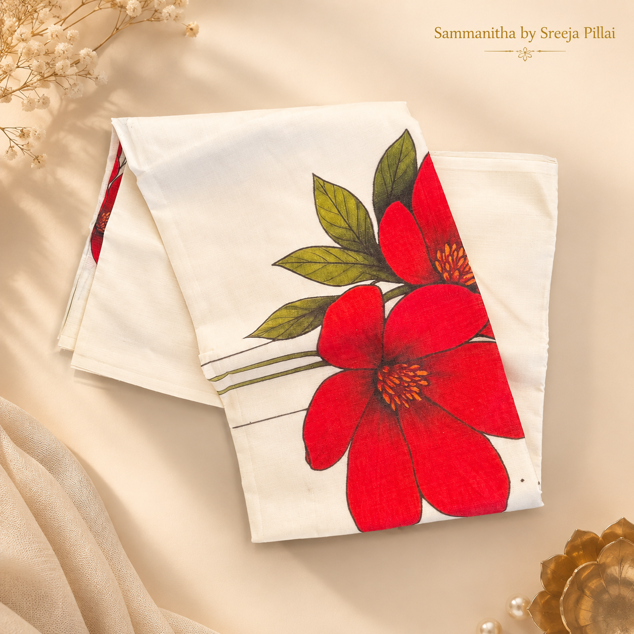 Red Flower print Kerala Saree SKS23