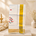 Kerala Kasavu Saree with Red Daisy Embroidery &amp; Gold Border SKS24
