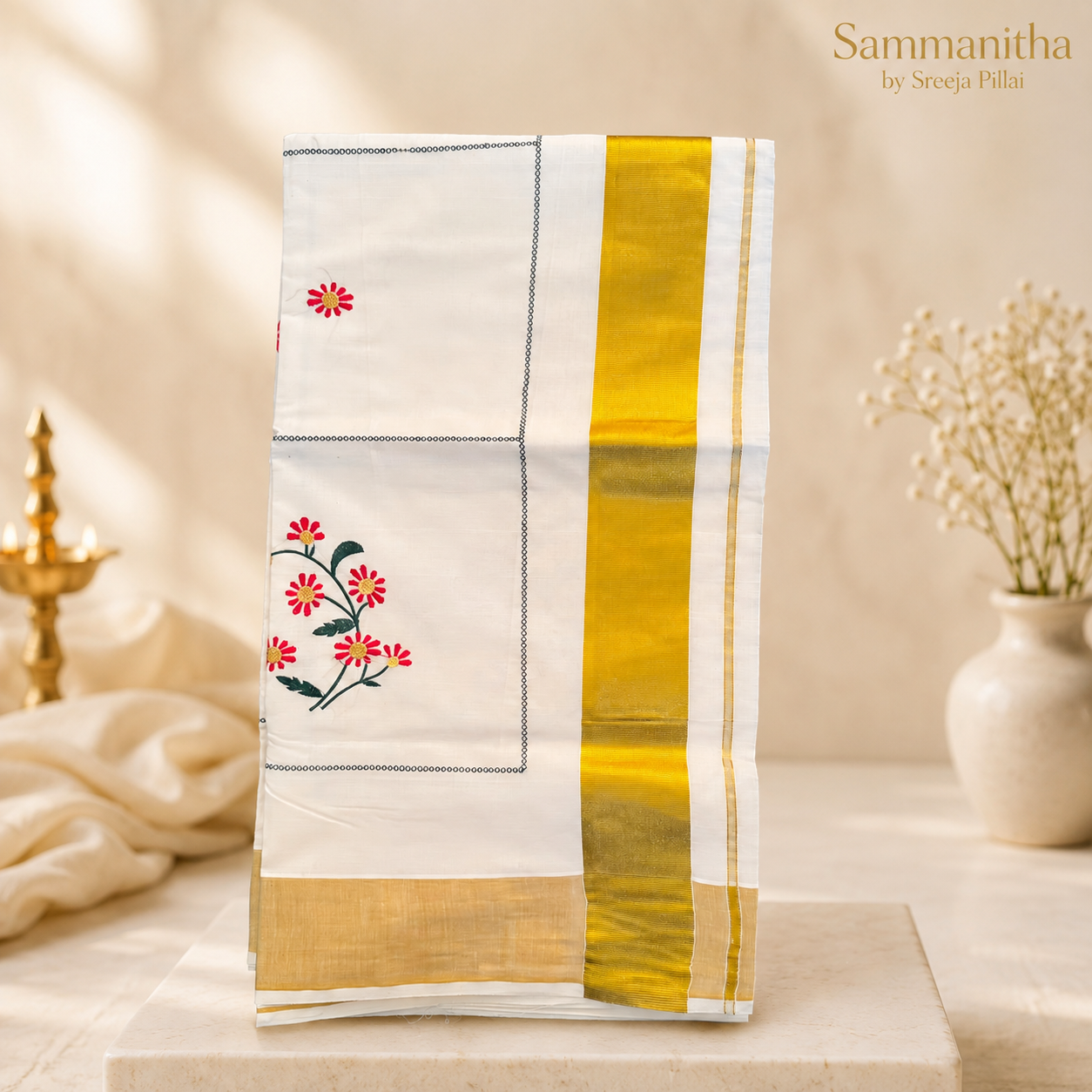Kerala Kasavu Saree with Red Daisy Embroidery &amp; Gold Border SKS24