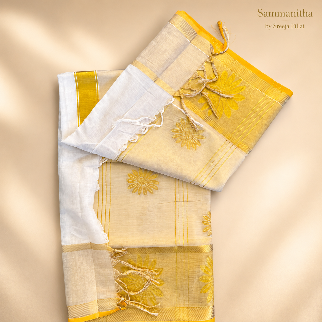 Kerala Kasavu Saree Set with Sunflower Motifs SKS25