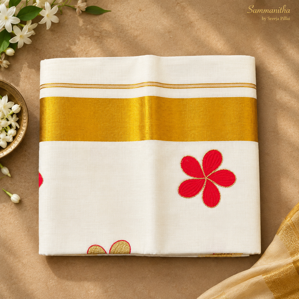 Flower Embroidered Kerala Kasavu cotton saree SKS26
