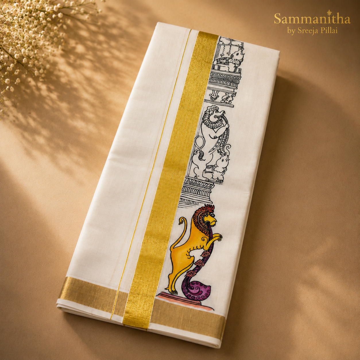 Kerala Yali Temple Art Print Set Mundu with Gold Kasavu Border
