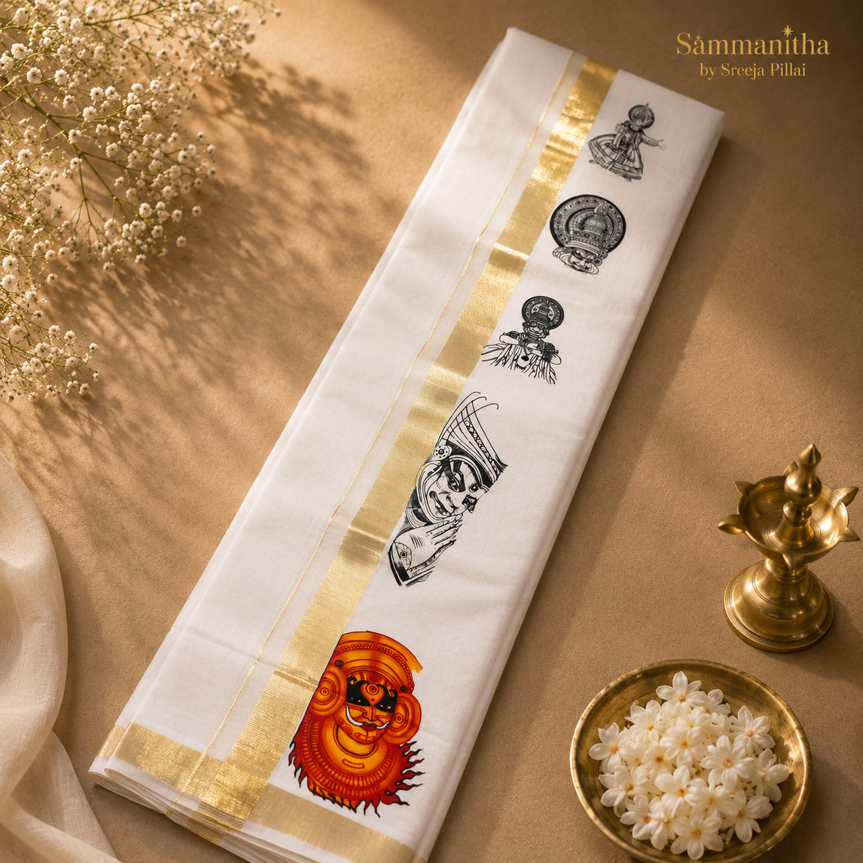 Kerala Theyyam Art Print Set Mundu with Gold Kasavu Border