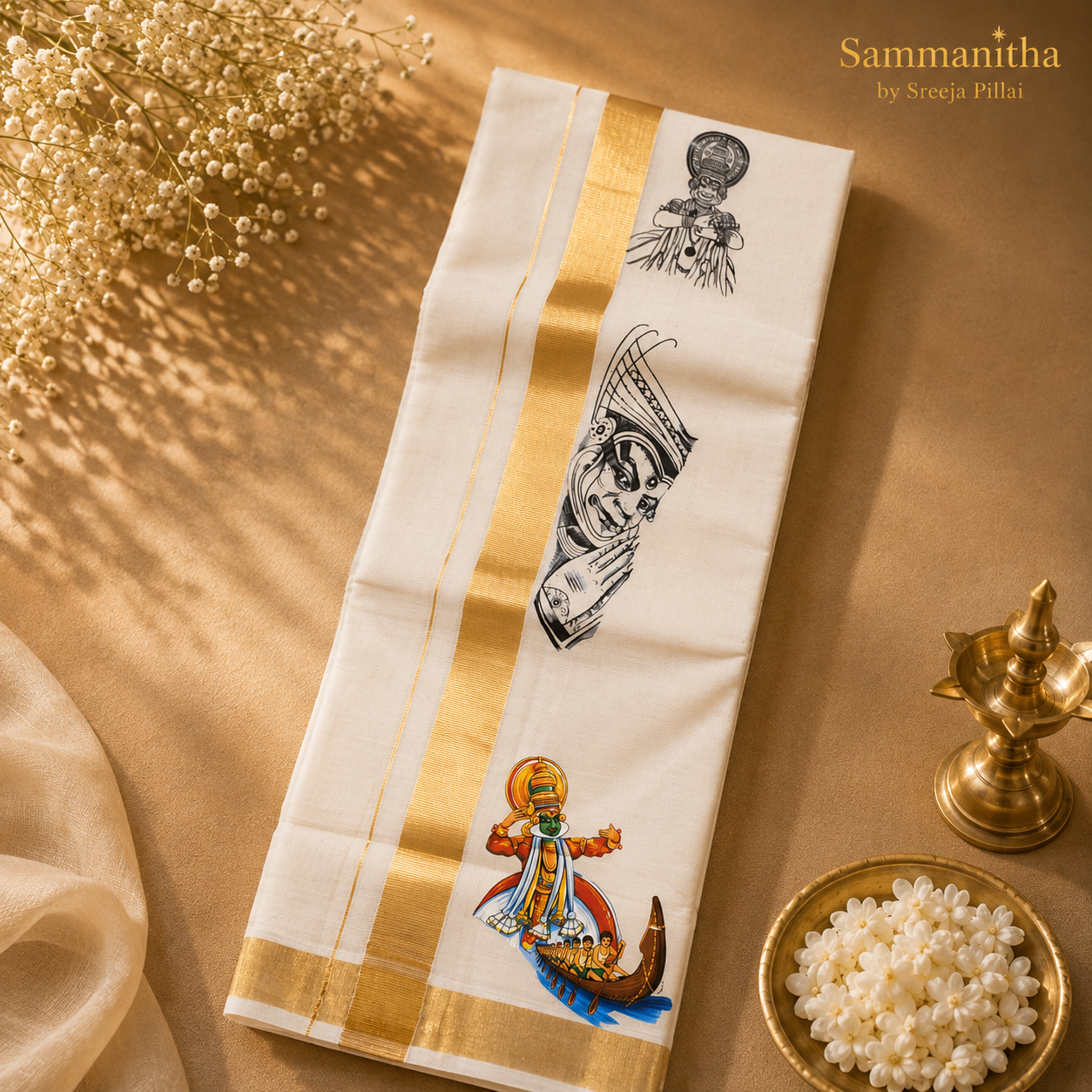 Kerala Kathakali Art Print Set Mundu with Gold Kasavu Border