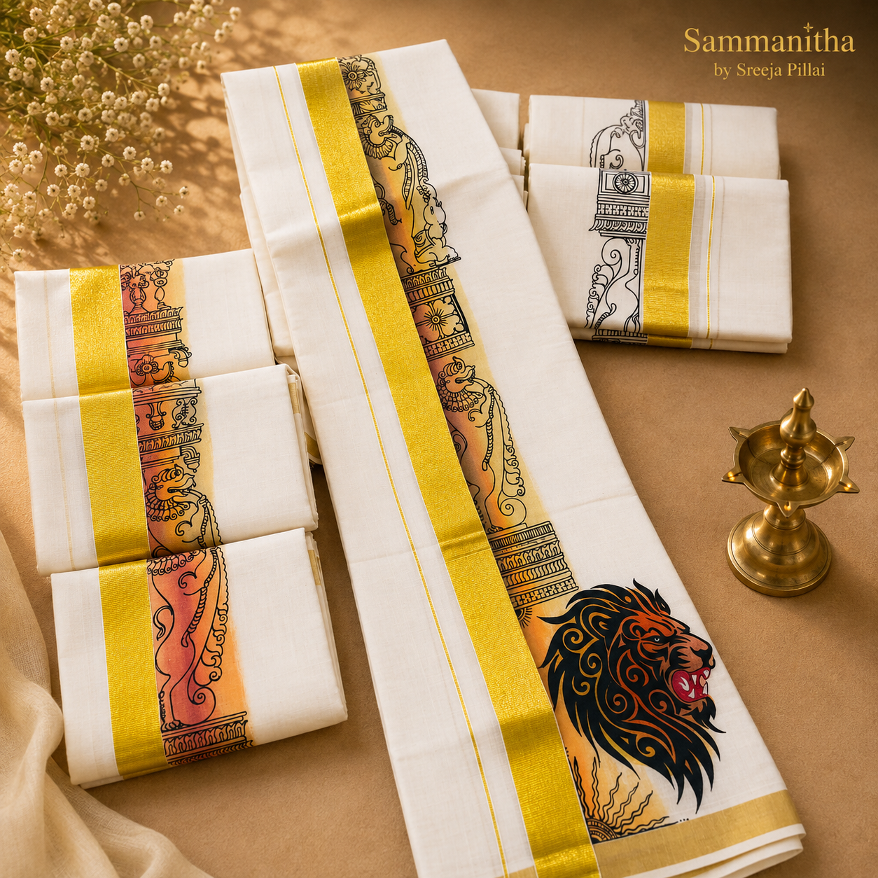 Kerala Heritage Print Set Mundu with Gold Kasavu Border
