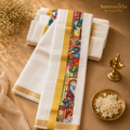 Kerala Mural Art Print Set Mundu with Gold Kasavu Border