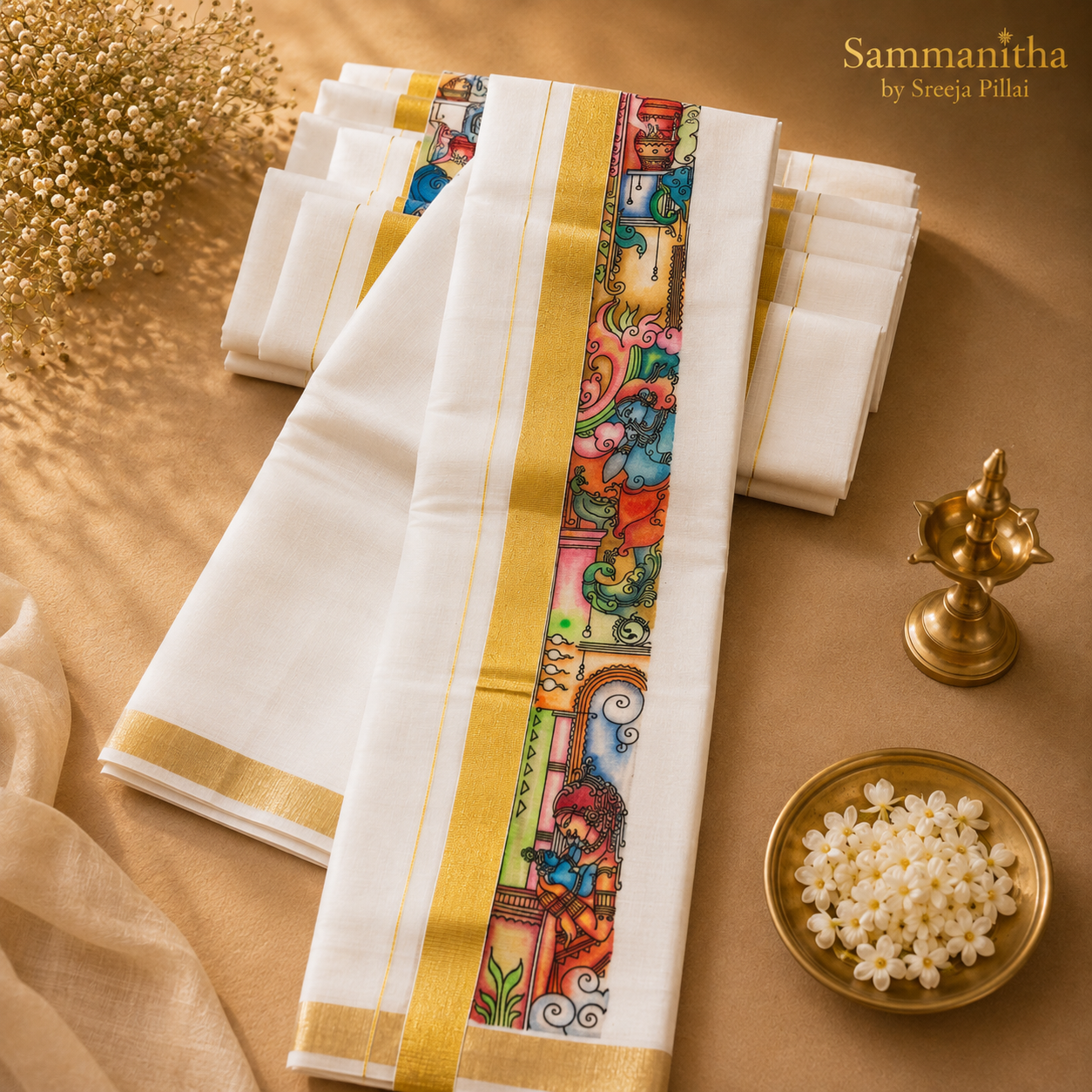 Kerala Mural Art Print Set Mundu with Gold Kasavu Border