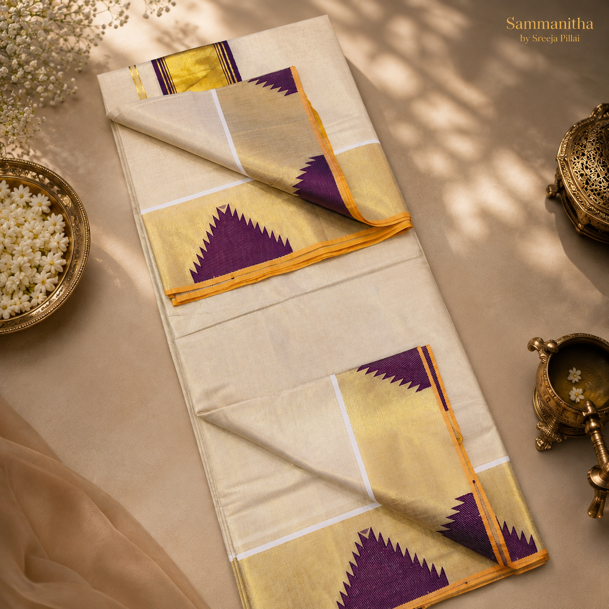 Purple Kerala Kasavu saree