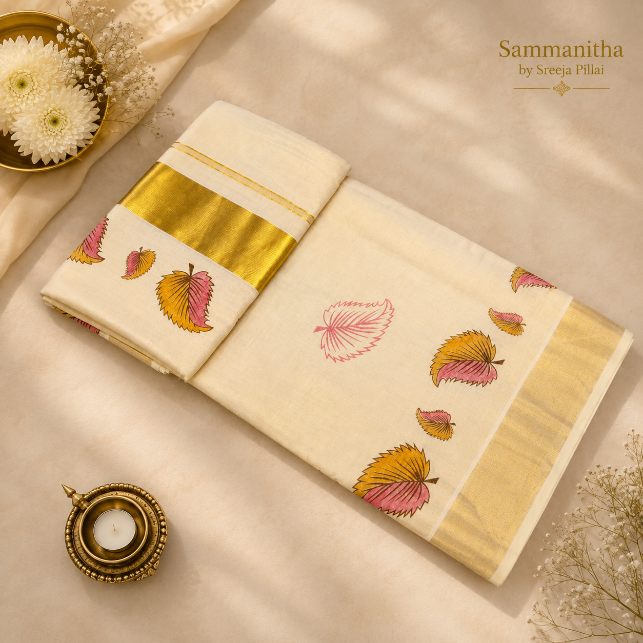 Leaf Printed Kasavu Saree