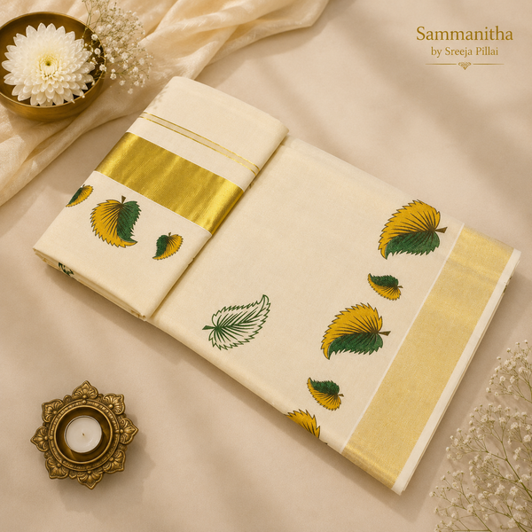 Leaf Printed Kerala Kasavu Saree