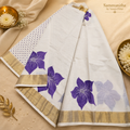 Violet Flower Printed Kasavu Saree