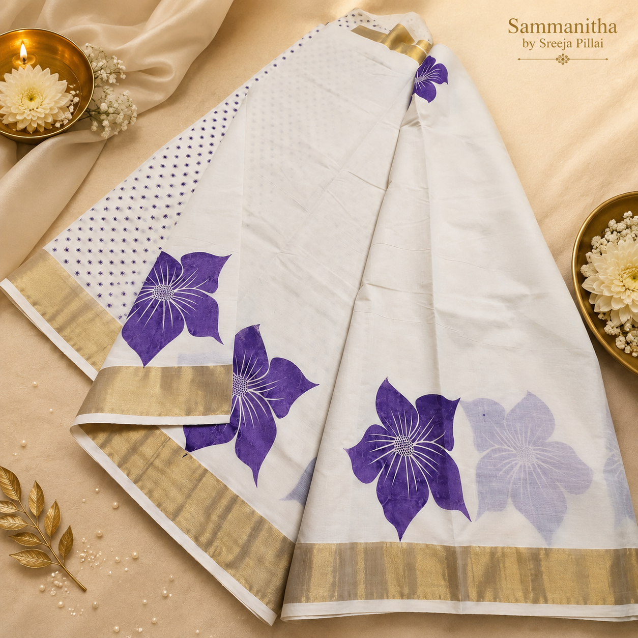 Violet Flower Printed Kasavu Saree