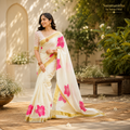 Pink Floral Kasavu Saree