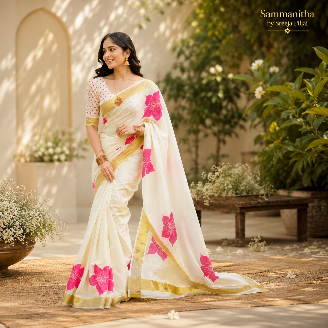 Pink Floral Kasavu Saree
