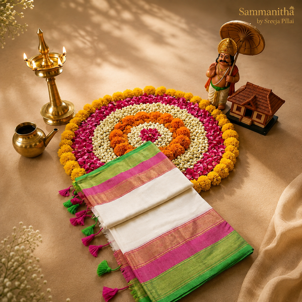 Onam Stripe Saree in pink, green and white with gold zari and tassels, styled with pookalam and brass lamp