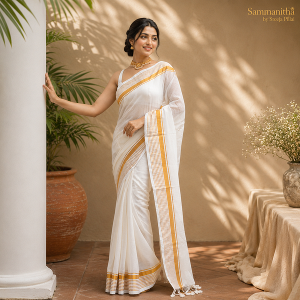 Model wearing a classic white Kerala kasavu saree with gold zari border