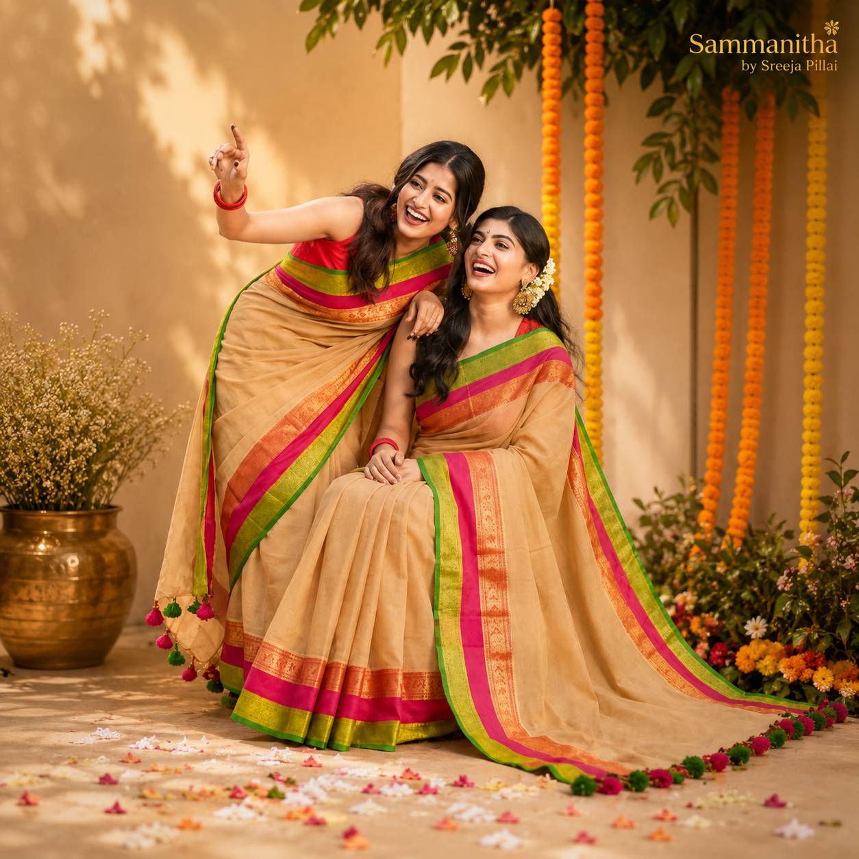 Two models wearing matching golden beige sarees with pink, green and gold zari border and pom-pom tassels