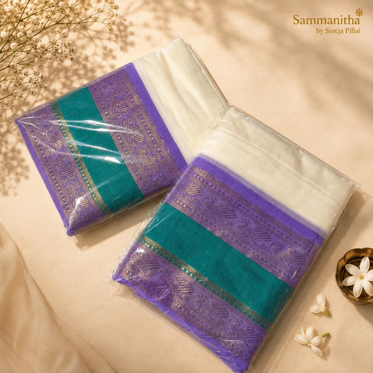 Purple and teal saree with gold zari border, packaged and ready to gift