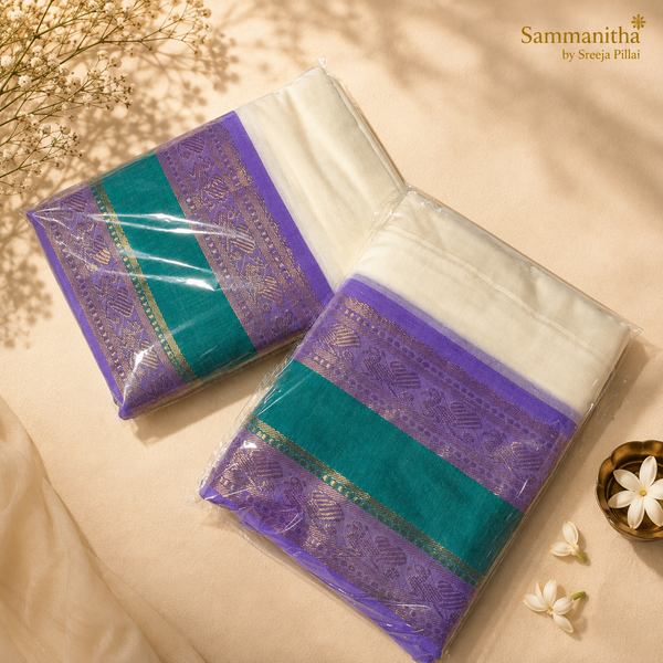 Purple and teal saree with gold zari border, packaged and ready to gift