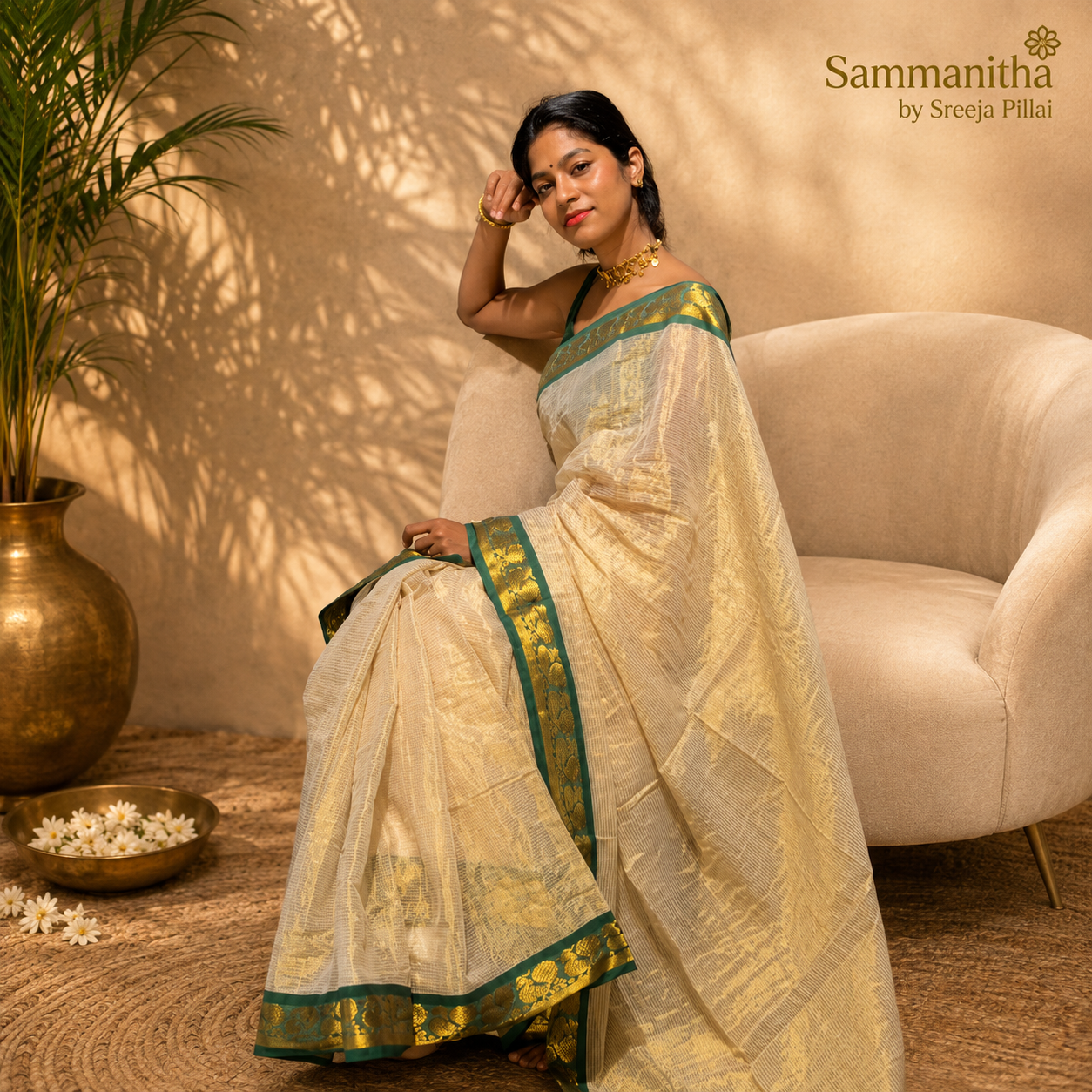 Cream and grey tissue saree flatlay with deep purple zari border and gold tassels