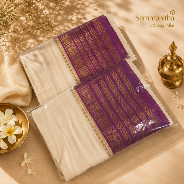 White saree with purple and gold zari border, gift packaged with jasmine flowers and brass lamp