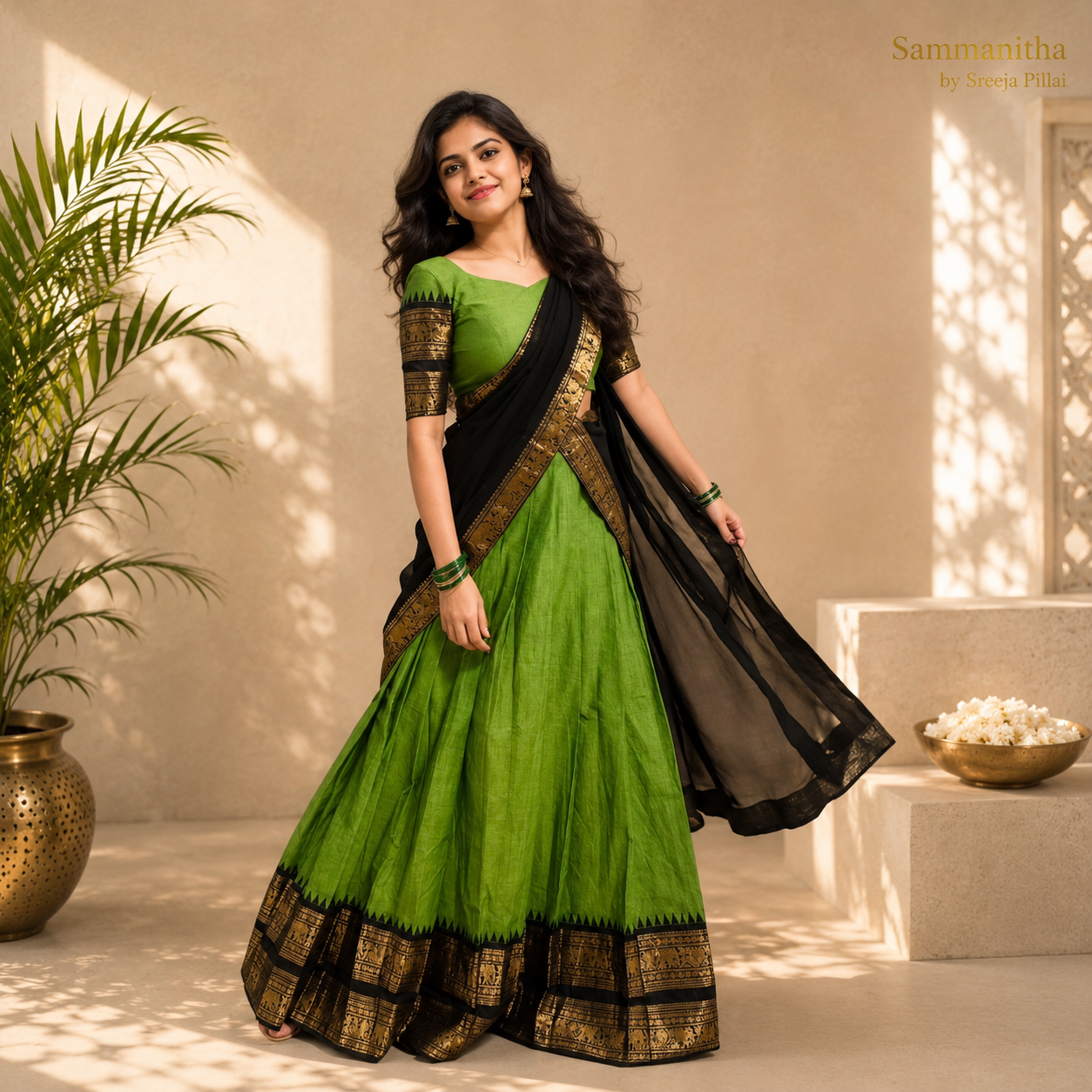 Emerald Green & Black Zari Border Lehenga Set