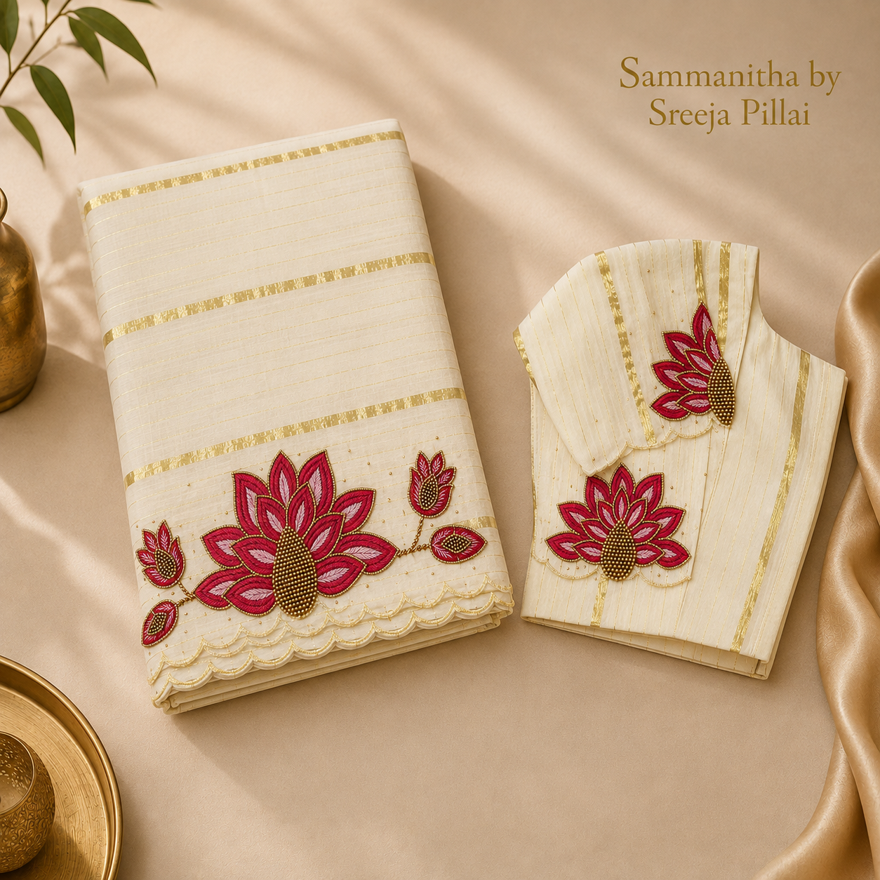 Premium Beads Work Lotus Embroidered Scalloped Saree