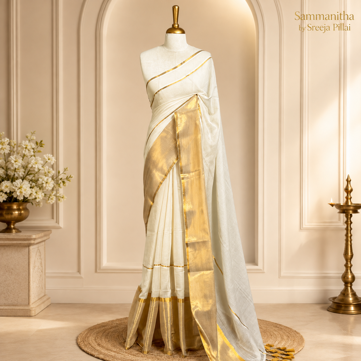 White mulcotton saree with a broad gold kasavu border