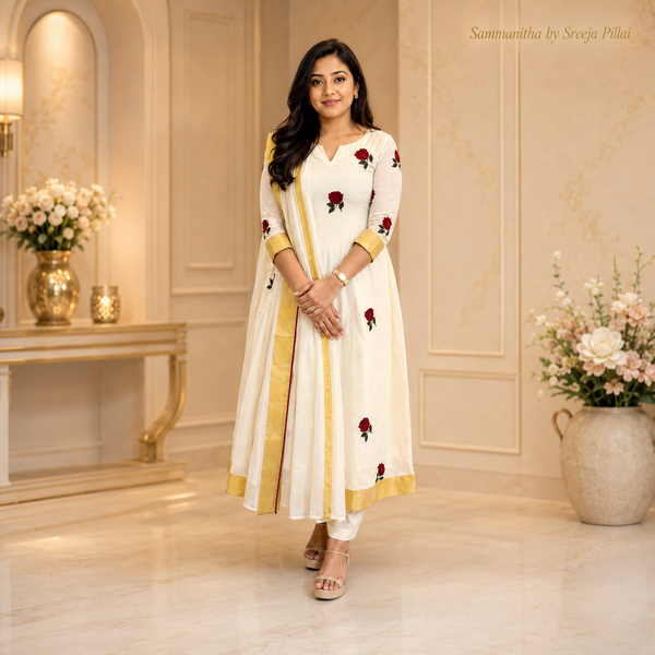 Rose Embroidered Onam A-Line Top with Dupatta