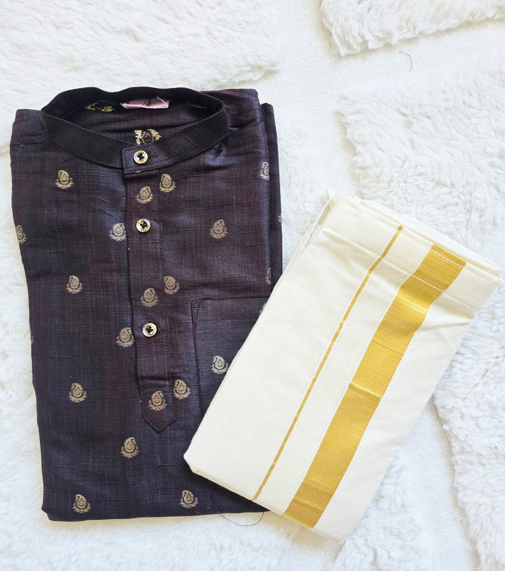Boys navy paisley buti kurta and mundu set original