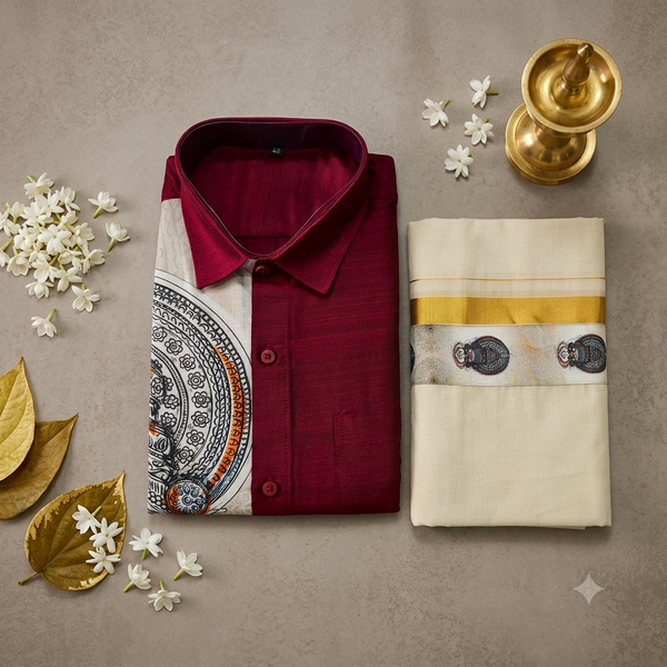 Wine Red Kadhakali Shirt and Mundu Combo