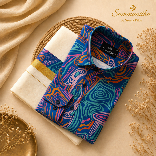 Geometrical Blue Shirt and Mundu Combo