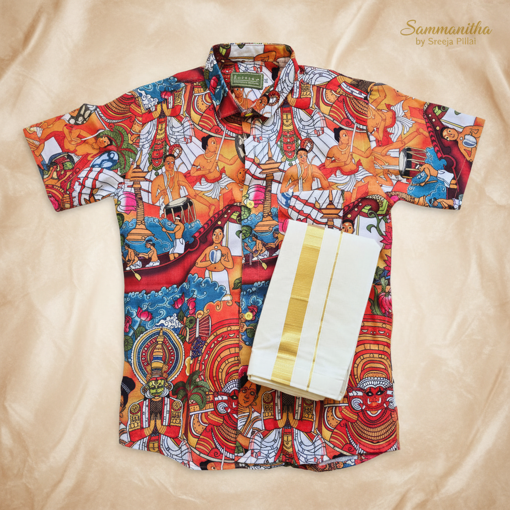 Boys Kathakali print shirt and mundu set marketing
