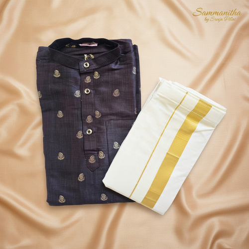 Boys navy paisley buti kurta and mundu set