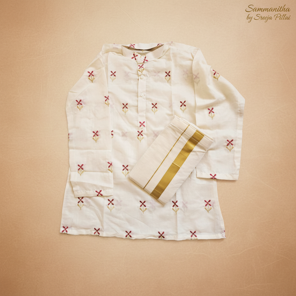 Boys white embroidered kurta and mundu set