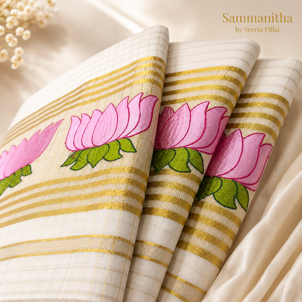 Lotus Embroidered Kerala Kasavu saree